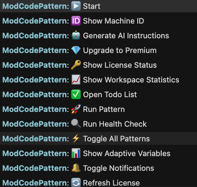 ModCodePattern commands in VS Code command palette
